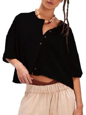 Black Button-Front Cropped Top